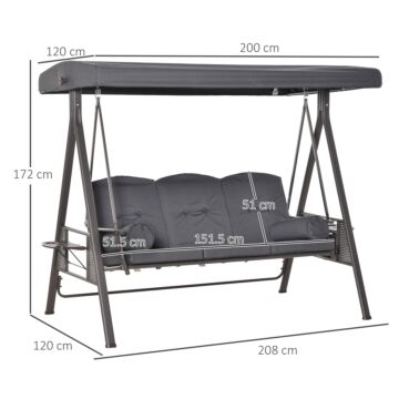 Outsunny 3 Seater Garden Swing Chair Outdoor Hammock Bench W/ Adjustable Canopy, Cushions And Cup Trays, Steel Frame, Dark Grey