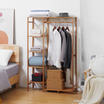 Homcom Bamboo Clothes Rack For Bedroom Garment Rack With 6-tier Storage Shelf Hanging Rod Clothes Rail For Living Room Entryway