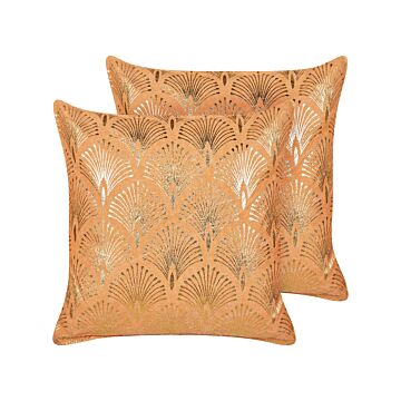 Set Of 2 Scatter Cushions Orange Cotton 45 X 45 Cm Geometric Gold Pattern Handmade Removable Cover With Filling Modern Style Beliani