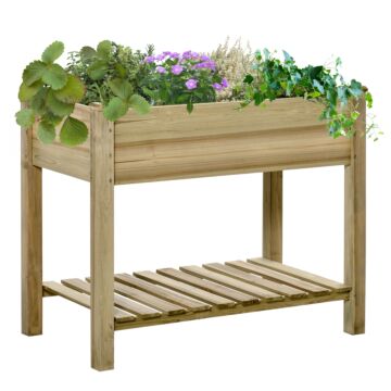 Outsunny Garden Wooden Planters， Raised Garden Bed With Legs And Storage Shelf, Gardening Standing Growing Bed Flower Boxes For Backyard, Balcony