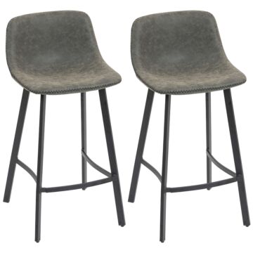 Homcom Bar Stools Set Of 2, Pu Leather Dining Stools With Backrest, Footrest, For Kitchen, Counter, Breakfast Bar, Grey