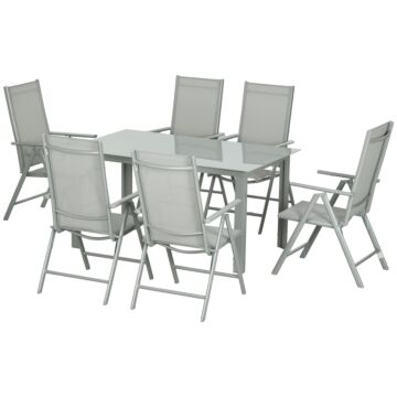 Outsunny 7 Piece Garden Dining Set, Outdoor Table And 6 Folding And Reclining Chairs, Aluminium Frame, Tempered Glass Top Table, Texteline Seats, Grey