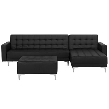 Corner Sofa Bed Black Faux Leather Tufted Modern L-shaped Modular 4 Seater With Ottoman Left Hand Chaise Longue Beliani