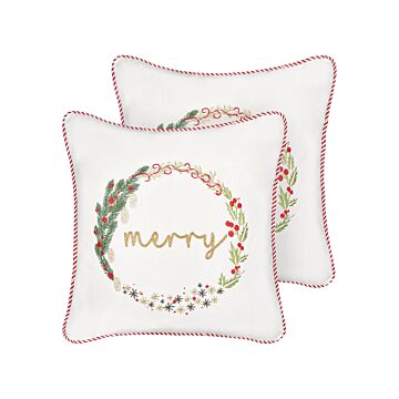 Set Of 2 Scatter Cushions White Velvet Fabric 45 X 45 Cm Christmas Motif Cotton Removable Covers Living Room Bedroom Beliani