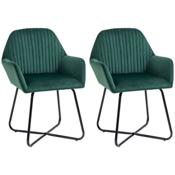 Homcom Modern Accent Chair, Velvet-feel Fabric Upholstered Armchair With Metal Base For Living Room, Set Of 2, Green