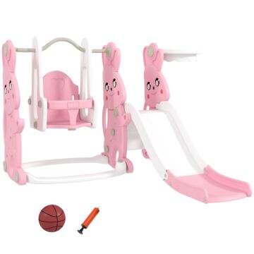 Aiyaplay 4 In 1 Kids Slide And Swing Set With Climber, Basketball Hoop, Rabbit-themed, Pink