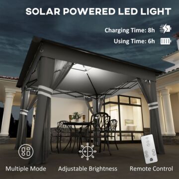 Outsunny 3 X 3(m) Pop Up Gazebo Party Tent With Solar-powered Led Lights, Adjustable Event Shelter With Curtain, Netting, Grey