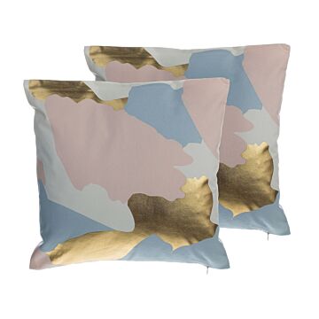 Set Of 2 Decorative Cushions Pink With Gold Abstract Pattern 45 X 45 Cm Paint Print Decor Accessories Beliani