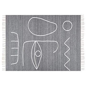Area Handwoven Rug Grey Polyester 140 X 200 Cm Rectangle Abstract Pattern With Tassels Rectangular Boho Indoor Outdoor Beliani