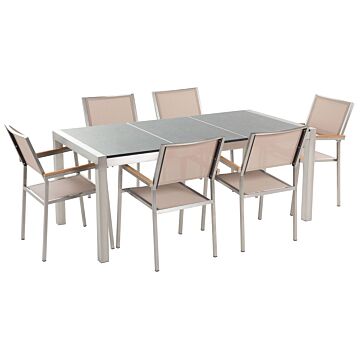 Garden Dining Set Beige With Grey Granite Table Top 6 Seats 180 X 90 Cm Triple Plate Beliani