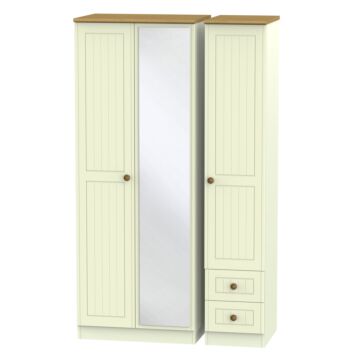 Warwick Tall Triple Mirror + Drawer Wardrobe In Cream Ash & Modern Oak