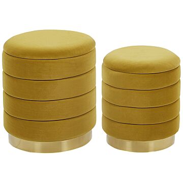 Set Of 2 Storage Pouffes With Storage Yellow Polyester Velvet Upholstery Gold Stainless Steel Base Modern Design Beliani
