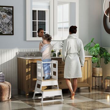 Aiyaplay 2 In 1 Toddler Tower With Chalkboard, Safety Rail, For Kitchen, Counter, Bathroom, Sink, White