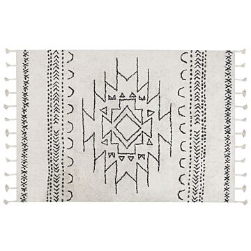 Rug Off-white Black Cotton 160 X 230 Cm Geometric Pattern Runes Tribal Tassels Oriental Beliani