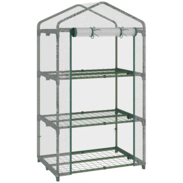 Outsunny 3 Tier Mini Greenhouse Portable Garden Grow House With Roll Up Door And Wire Shelves, 69l X 49w X 125h Cm, Clear