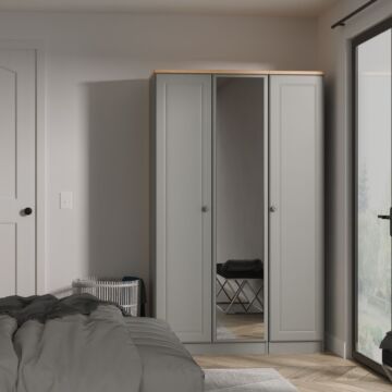 Norfolk Triple Mirrored Wardrobe In Dusk Grey & Bardolino Oak