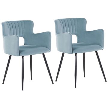 Set Of 2 Chairs Dining Chair Light Blue Velvet With Armrests Cut-out Backrest Black Metal Legs Beliani