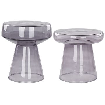 Set Of 2 Side End Tables Transparent Grey Glass 37 X 37 X 43 / 39 X 39 X 40 Cm Coffee Console Oval Designer Shape Living Room Modern Beliani