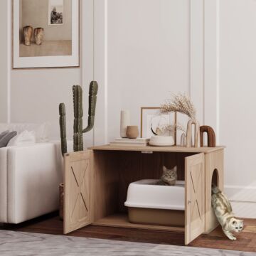 Pawhut Cat Litter Box Enclosure With Double Doors And Side Entrance, Non-slip Pads For Living Room, Walnut Brown