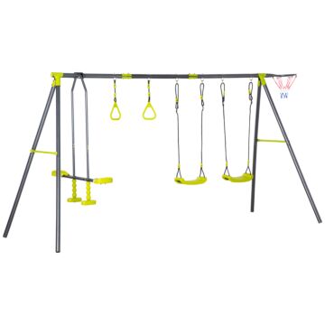 Outsunny Kids Swing Set For Backyard, Outdoor Play Equipment, W/ Adjustable Swing Seats, Seesaw, Basket Hoop, A-frame Metal Stand For Ages 3-10 Years