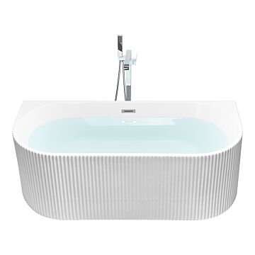 Oval Back To Wall Bath Matt White Acrylic 171 X 90 Cm Fluted Finish Modern Style Bathroom Beliani