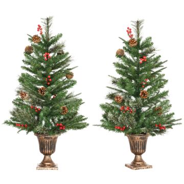 Homcom 2 Pieces Set 3 Foot Artificial Christmas Tree With 110 Realistic Branches, Pine Cones, Red Berries, Gold Pot, For Doorway, Porch, Green
