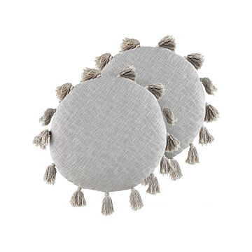 Set Of 2 Decorative Cushions Grey Cotton 45 Cm Round With Tassels Modern Boho Decor Accessories Beliani