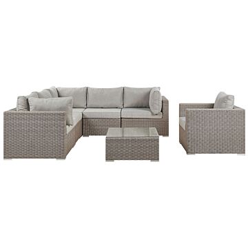 Garden Lounge Set Taupe Pe Rattan Right Hand Corner Sofa Armchair Coffee Table Grey Cushions Beliani