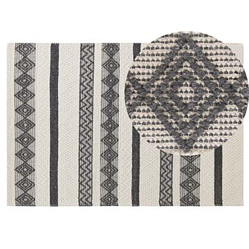 Area Rug Beige And Grey Wool Polyester 140 X 200 Cm Hand Woven Geometric Pattern Boho Living Room Bedroom Beliani