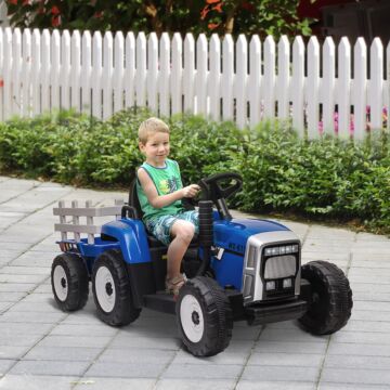 Homcom Electric Ride On Tractor W/ Detachable Trailer, 12v Kids Battery Powered Electric Car W/ Remote Control, Music Start Up Sound, Blue