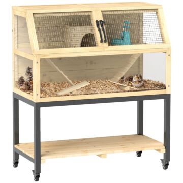 Pawhut Wooden Hamster Cage With Storage Shelf, Wheels, Ramps, Water Bottle, Hut, Seesaws, 87 X 43 X 101cm