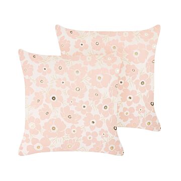 Set Of 2 Scatter Cushions Beige And Pink Velvet 45 X 45 Cm Throw Pillow Floral Pattern Flower Motif Removable Cover With Filling Beliani
