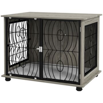 Pawhut 29.5" Indoor Dog Crate Furniture End Table W/ Plush Washable Cushion, Lockable Door, For Medium Size Dogs