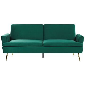 Velvet Sofa Bed Dark Green 3 Seater Click Clack Golden Metal Legs Beliani