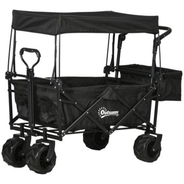 Outsunny Folding Trolley Cart Storage Wagon Beach Trailer 4 Wheels With Handle Overhead Canopy Cart Push Pull For Camping, Black