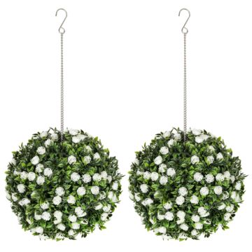 Homcom Set Of 2 Decorative Artificial Plants, Uv-protected Artificial Plant Topiary Rose Balls, Fake Plants For Home Indoor Outdoor Decor, 28cm, White