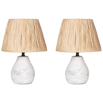 Set Of 2 Table Lamps White And Natural Ceramic Paper Pulp Cone Shaped Shades Distressed Effect Minimalistic Design Beliani