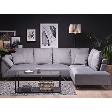 Corner Sofa Grey Corduroy Fabric 266 X 181 Cm Cushions Chromed Legs Beliani