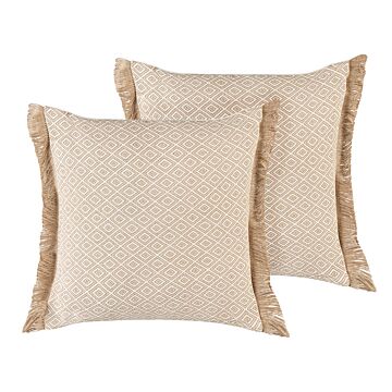 Set Of 2 Decorative Cushions Beige Geometric Pattern 45 X 45 Cm Modern Boho Decor Accessories Beliani