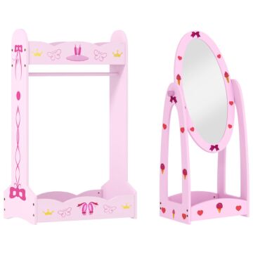 Aiyaplay Kids Clothes Rail, Kids Dressing Mirror With 360° Rotating, 2 Piece Kids Furniture Set With Storage Shelves, Pink