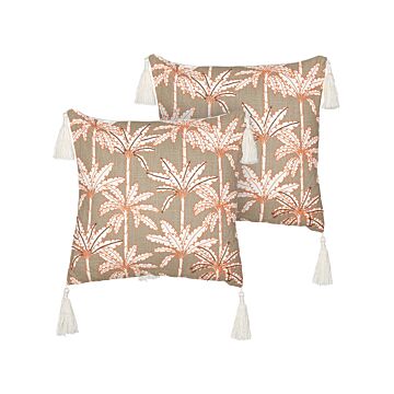 Set Of 2 Scatter Cushions Multicolour Cotton 45 X 45 Cm Marine Palm Tree Pattern Square Polyester Filling Home Accessories Beliani