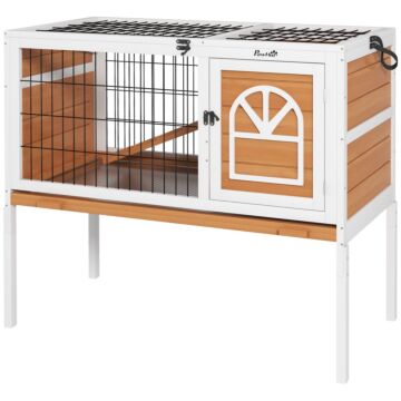 Pawhut Wooden Rabbit Hutch, Guinea Pig Cage, With Removable Tray, Openable Roof
