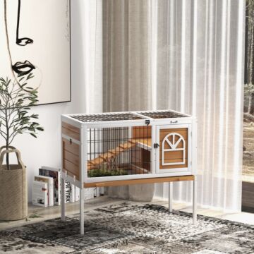 Pawhut Wooden Rabbit Hutch, Guinea Pig Cage, With Removable Tray, Openable Roof