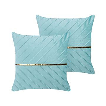 Set Of 2 Decorative Cushions Light Blue Velvet 45 X 45 Cm With Gold Accent Glamour Modern Living Room Bedroom Beliani