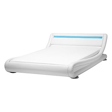 Platform Bed Frame White Faux Leather Upholstered Led Illuminated Headboard 4ft6 Eu Double Size Sleigh Design Beliani