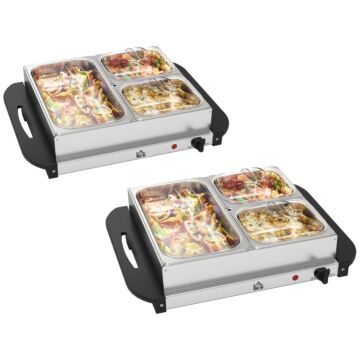 Homcom 4.5l Stainless Steel Electric Buffet Server, With 3x Trays And Lids, Set Of 2