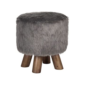 Footstool Grey Faux Fur Round Shaggy Stool On Wooden Legs Beliani