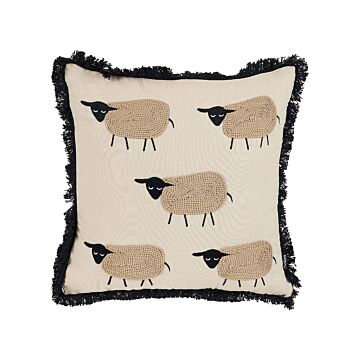 Decorative Cushion Beige Coton 45 X 45 Cm Scatter Toss Sheep Motif Pillow Print Minimalist Modern Decor Accessories Beliani