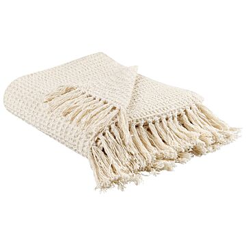 Blanket Beige Cotton 125 X 150 Cm Waffle Weave Knitted Throw Boho Style Living Room Bedroom Accent Piece Beliani
