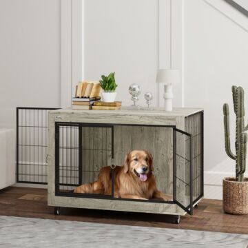 Pawhut Dog Crate Furniture With Wheels, Double Doors, For Large Dogs, 100 X 60 X 73.5cm, Grey